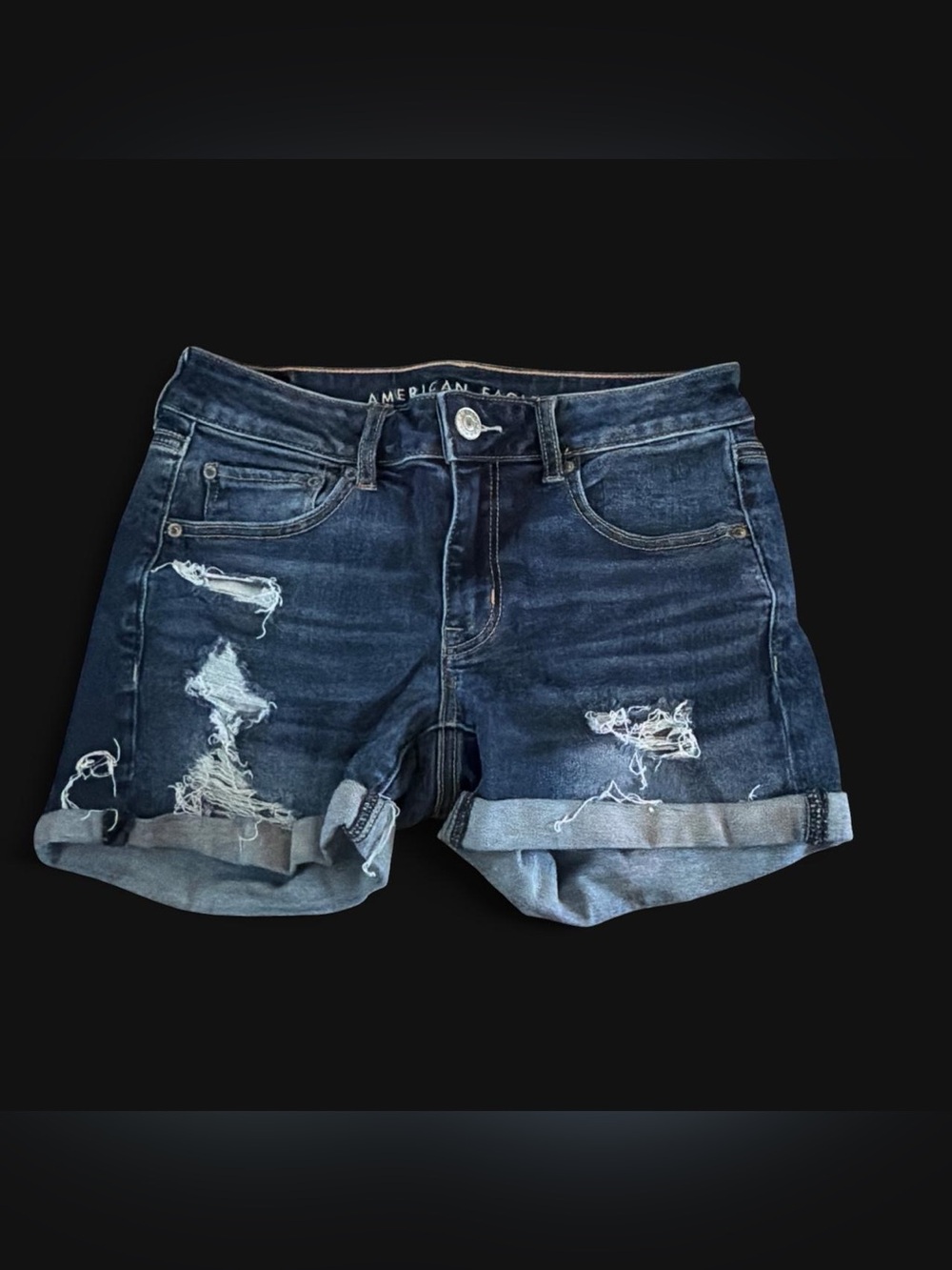 American Eagle Outfitters Dark Blue Distressed Roll-Cuff Denim Shorts